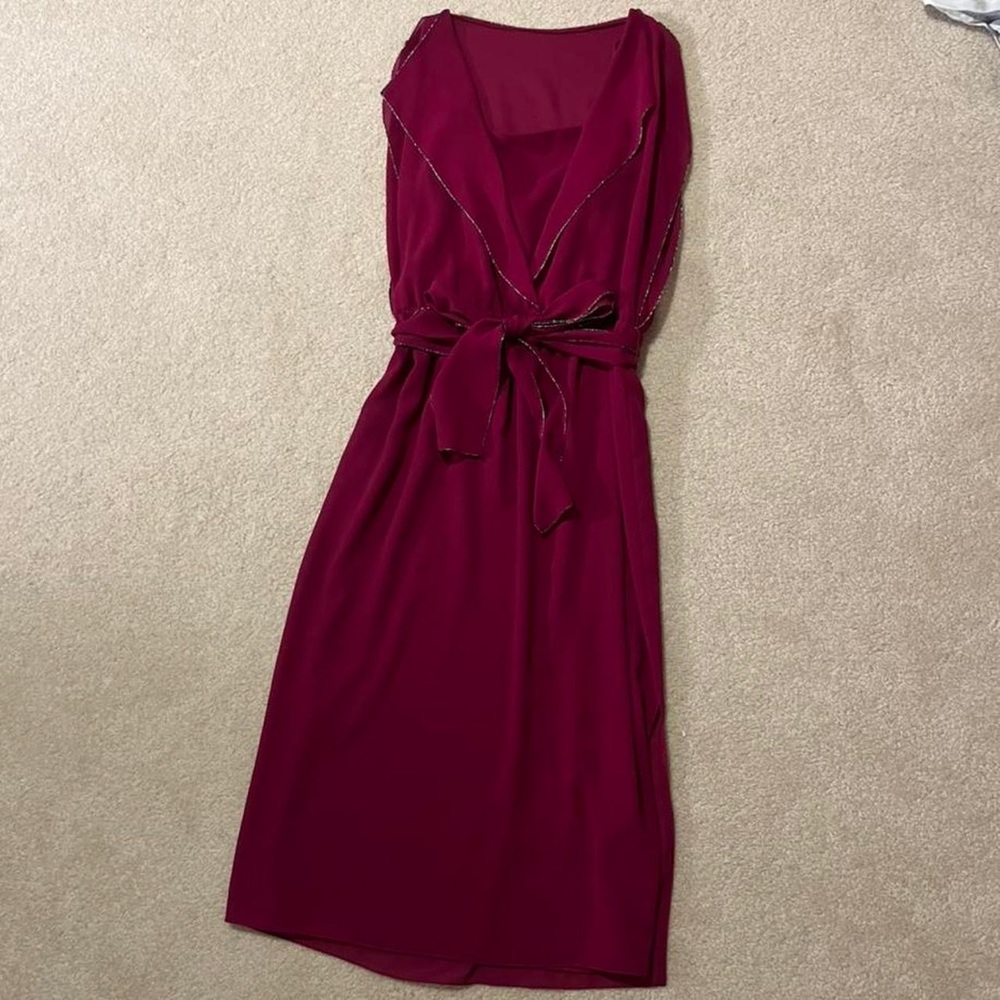 Vintage magenta formal silk dress with rainbow/metallic edging